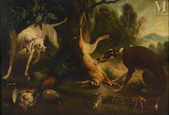École FRANÇAISE du XIXème siècle, dans le goût de Jean-Baptiste OUDRY-Chiens devant un lièvre-img1