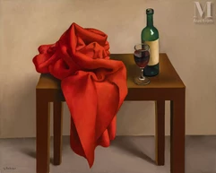 Georges ROHNER (Paris 1913 - Lannion 2000)-Étoffe rouge, bouteille, verre-img1
