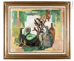 Roger WORMS (1907-1980)-Nature morte aux avocats et aux bouteilles-img1