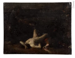 Jacques GAMELIN (1738-1803), Les détrousseurs (esquisse), huile sur toile contrecollée sur panneau, signé et daté 1787 en bas à gauche. 37.5 x 49.5 cm. (importantes restaurations)-Les détrousseurs (esquisse)-img1