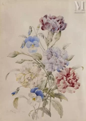 *Pierre-Joseph REDOUTÉ (Saint-Hubert 1759 – Paris 1840)-Jetée de fleurs : pensées et oeillets-img1