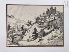 Armand POINT (Alger 1861 – Naples 1932)-Paysage fluvial et village perché-img1