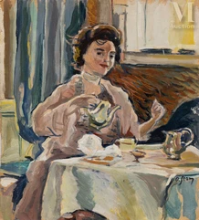 Olga SLOMSZYNSKA dite Olga SLOM (Suisse 1881- France 1941)-Femme à l’heure du thé (recto) / Promeneurs sur la place (verso)-img1