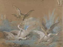 Jean-Baptiste OUDRY (Paris 1686 – Beauvais 1755)-Buses attaquant des cygnes en bord de rivière-img1