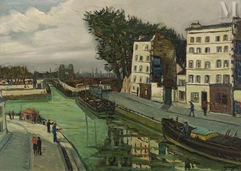Alphonse Léon QUIZET (Paris 1885 - Pré Saint Gervais 1955)-Canal avec  des péniches-img1