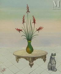 Jellal Ben ABDALLAH (Tunis 1921-2017)-Le bouquet et le chat-img1