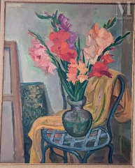 André PLANSON La Ferté sous Jouarre 1898-1981)-Bouquet de glaïeuls dans l'atelier-img1