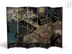 VIETNAM, Ecole des Beaux-Arts de l'Indochine, XXe siècle-Paravent à six feuilles en laque de Coromandel-img1