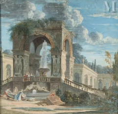 Ecole FRANCAISE du XIXème siècle, dans le goût d'Hubert ROBERT-Ruines et fontaine animée-img1