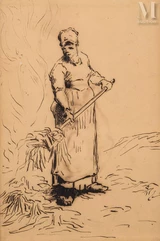 Dans le goût de Jean-François MILLET (1814-1875)-Femme à la fourche / Chat couché-img1