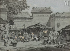 Auguste BORGET (Issodun 1808 - Bourges 1877)-Vue animée du marché devant le grand temple de Macao-img1