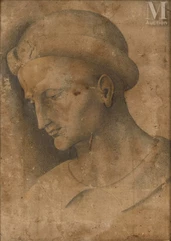 Ecole de Pietro VANNUCCI, dit le PERUGIN (Citta della Pieve vers 1450- Fontignano 1523)-Buste d’homme de trois-quarts vers la gauche, portant un chapeau-img1