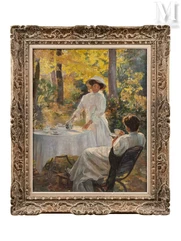 Ⓟ VICTOR TARDIEU (1870-1937)-"Le thé au jardin"-img1