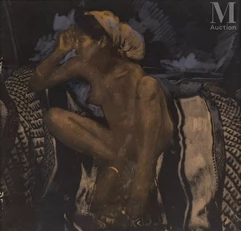 Jacques MAJORELLE (Nancy, 1886 - Paris, 1962)-Jeune femme assise sur une couverture noire et blanche-img1