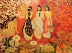 Ⓗ DO XUAN DOAN (1937-2015)-"Jeunes filles dans un jardin fleuri"-img1