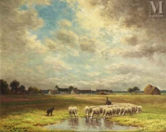 Paul CHAIGNEAU (Actif au XIXème et XX ème siècle)-Le berger devant le village de Chailly-img1