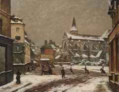 Louis BRAQUAVAL (Esquermes 1854 ou 1860 - 1919)-Place de l'Eglise enneigée ( Saint Leu à Amiens à vérifier)-img1