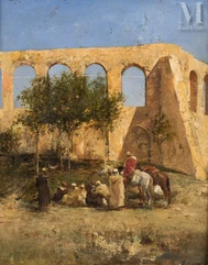Victor Pierre HUGUET (Le Lude 1835 - Paris 1902)-La halte à l'aqueduc d'Hydra-img1