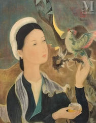 Ⓟ LE PHO (1907-2001)-"Young girl with parrot", circa 1938-img1