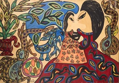 BAYA (Fatma Haddad Mahiedinne) (Algérie, Bordj el Kiffan 1931 - Blida 1998)-Maternité, oiseau bleu et deux guitares-img1