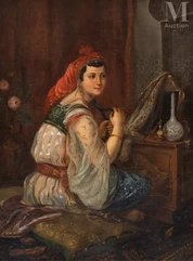 *Ecole ORIENTALISTE du XIXe siècle-Mauresque se coiffant-img1