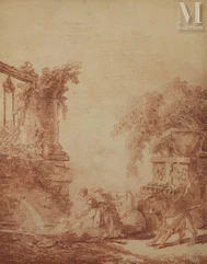 Hubert ROBERT (Paris 1733-1808)-Deux lavandières et un chien devant une fontaine constituée d’éléments antiques-img1