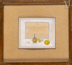 Jellal BEN ABDALLAH (1921-2017)-Nature morte à la bouteille et aux agrumes. Le mont Boukornine au fond.-img1