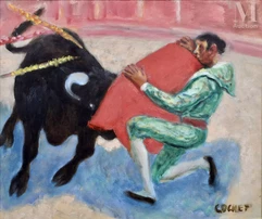 Gérard COCHET (1888-1969, Ecole FRANÇAISE du XXème siècle)-Le toréador jouant avec le taureau dans l’arène-img1