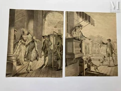 École de MOREAU Le Jeune (1741-1814)-Le retour du chasseur et le départ pour le bal en litière-img1