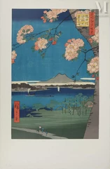 Utagawa HIROSHIGE  (1797-1858, d'après)  Lithographie-Japon, Sanctuaire Suijin et Massaki sur la rivière Sumida-img1