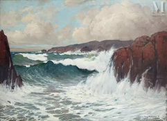 Eugène DESHAYES  (Paris 1828 - 1890)-Le  roulement des vagues sur les rochers-img1