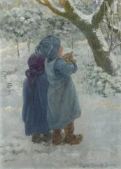 Virginie DEMONT - BRETON (Courrières 1859 - Paris 1933)-Petits enfants et leur chien sous  la neige-img1