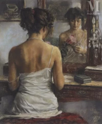 Vincente ROMERO  (Né en 1952)-Jeune femme au miroir-img1